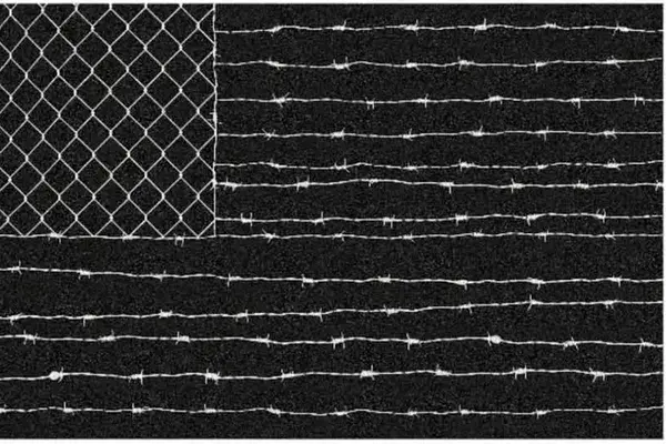 American flag illustration made of barbed wire and chain-link fence, evoking themes of oppression and surveillance