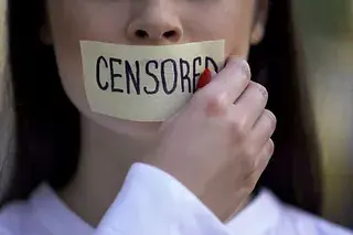 Close-up of a woman with a "CENSORED" label over her mouth, representing suppression of expert voices under authoritarian influence