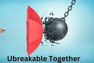 Red umbrella blocking a wrecking ball with text 'Unbreakable Together', symbolizing unity and defense of disability services