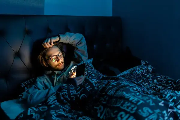Man using his smartphone in bed at night with blue light reflecting on his glasses.