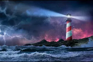 A lighthouse shining through a violent storm, symbolizing the defense of public institutions during political turbulence