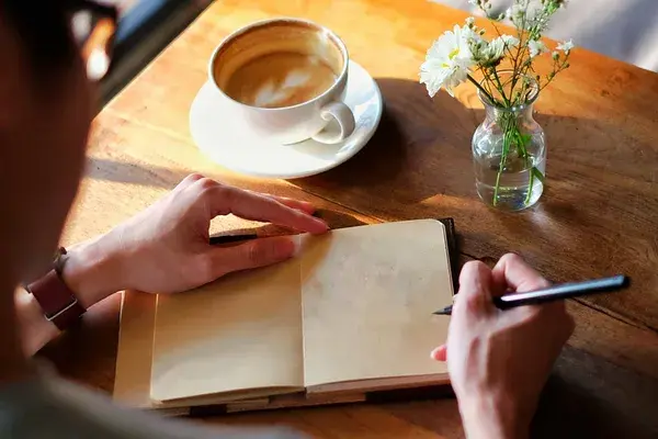 Person writing in a notebook next to a cup of coffee and flowers, symbolizing quiet reflection and intentional planning.