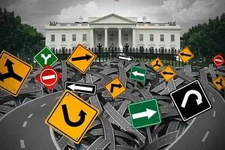 Illustration of the White House surrounded by chaotic road signs, symbolizing confusion and political interference.
